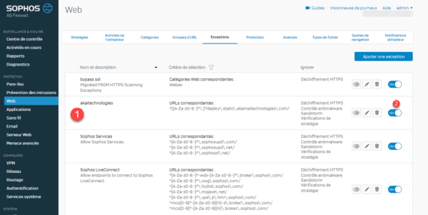 Sophos XG exception ajoutée