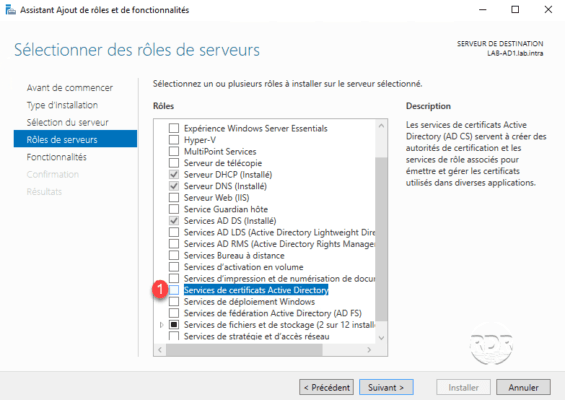 Choisir le rôle Services de certificats Active Directory