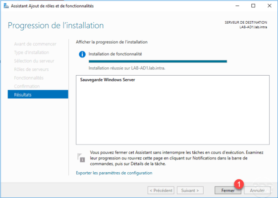 Windows Backup installation completed