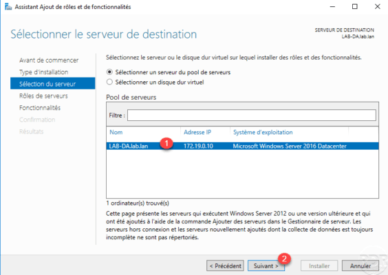 Select the server for the DirectAccess installation