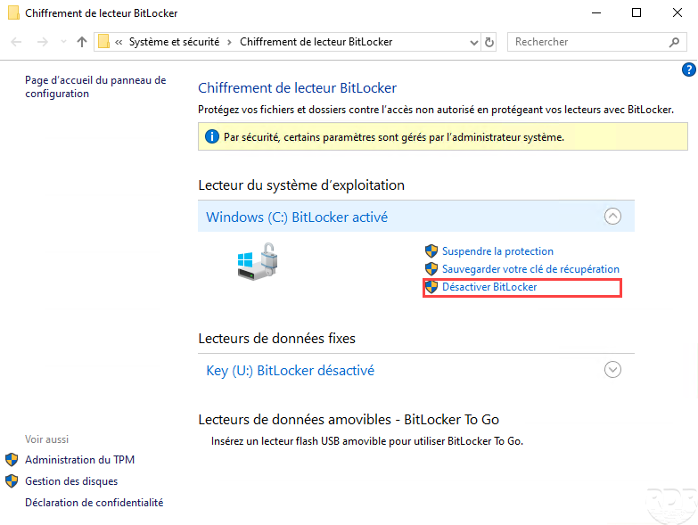 Capture d'écran de la fenêtre «ChiffrDésactiver Bitlocker sur un lecteur - RDR-ITement de lecteur BitLocker»