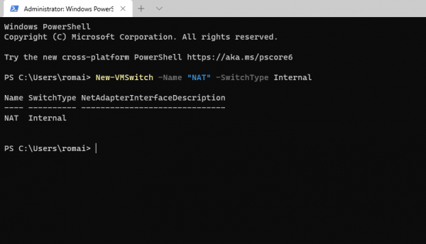 Create a new internal switch with powershell
