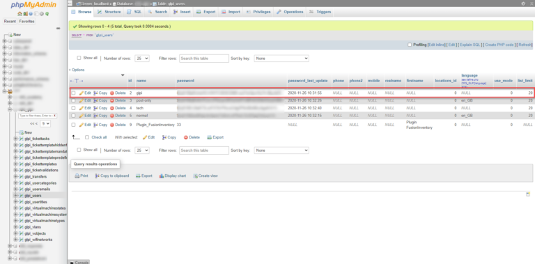 GLPI: reset the password of the glpi account