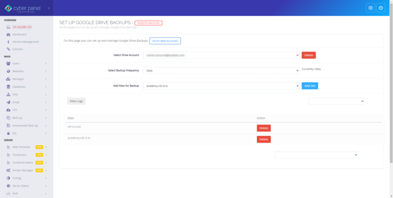 Cyberpanel : sauvegarder sur Google Drive