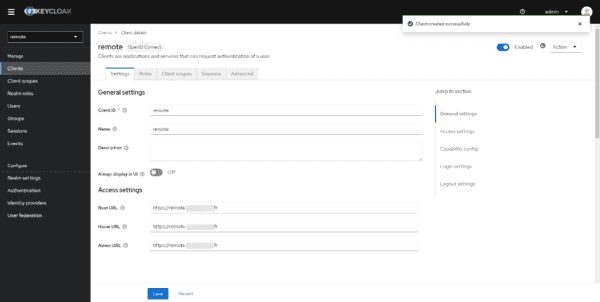 Keycloak - Client created - Client settings