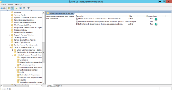 Stratégie ordinateur local/Configuration ordinateur/Modèles d'administration/Composants Windows/Services bureau a distance/Hôte de la session bureau à distance/Gestionnaire de licences