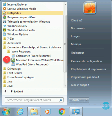 RemoteApp dans le menu Démarrer Windows