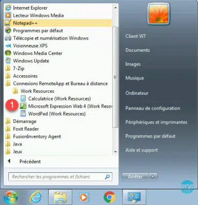 RemoteApp dans le menu Démarrer Windows