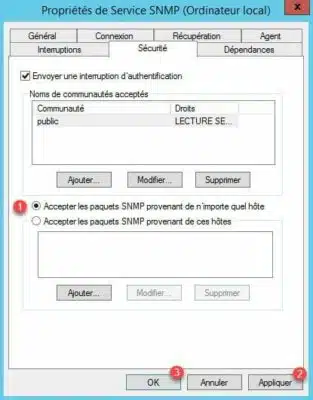 SNMP : Modification sécurité des hôtes distants
